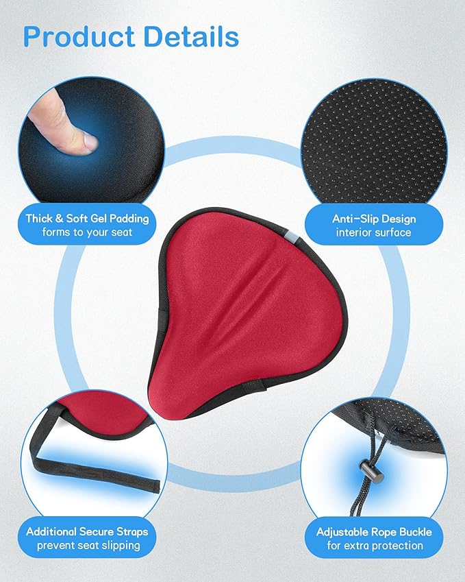 CUNCUI Bike Seat Cushion, Gel Bike Seat Cover, Bicycle Seat Cushion Covers for Women Men Comfort Compatible, Suitable for Outdoor and Indoor (11x10 inch)-Red
