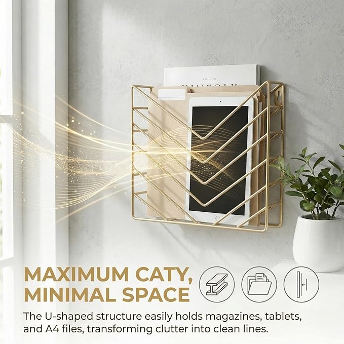 Gold File Organizer, Metal Wall Mounted Magazine Rack, Wall Mounted Magzine Holders for Office, Bathroom (4P Gold)