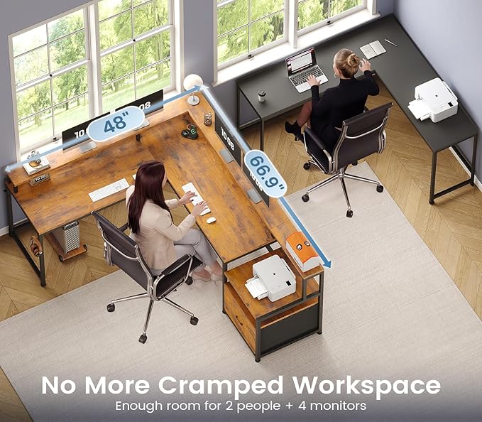 SEDETA 66" L Shaped Desk with Power Outlet, Reversible Home Office Computer Desk with File Drawer & Monitor Shelf, Storage Shelves, LED Lights, Rustic Brown for Corner Small Spaces