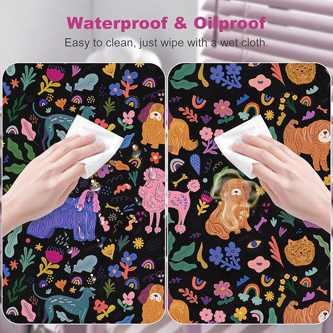 DINKY Desk Mat, Leather Keyboard and Mouse Pad for Desk, Black Office Desk Pad for Girls, Non-Slip Large Gaming Mouse Pads Desk Cover Decor 35.4"x15.7", Cute Dogs