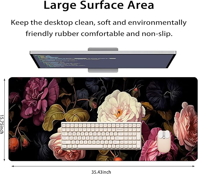 35.4 x 15.7 in, Waterproof XXL Large Mouse Pad for Desk, Extended Keyboard Mouse Mat for Computer Office, Big Laptop Mouse pad, Gaming Pc-Vintage Roses