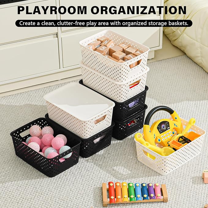 10 Pack Small Plastic Storage Bins with Lids, Stackable Plastic Storage Baskets for Organizing with Handles, Organizer Bins with Labels for Room, Craft, Containers for Pantry Organizers and Storage