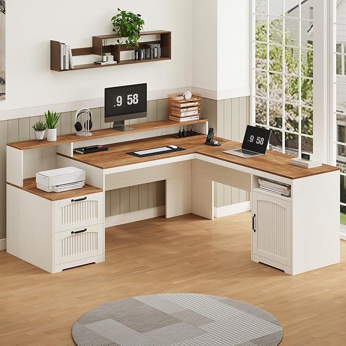 YOMILUVE 63" Farmhouse L Shaped Executive Desk with Drawers & Storage Shelf, Corner Fluted Computer Desk with Power Outlets, L Shaped Office Desk with Monitor Stand, Printer Shelf