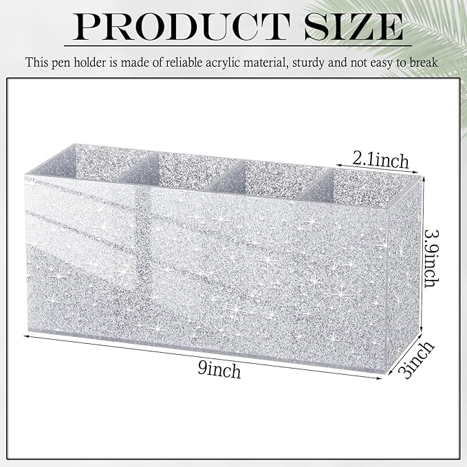 Jetec Acrylic Glitter Pen Holder 4 Compartments Bling Makeup Brush Stationery Organizer Pencil Holder for Desk Accessories Sparkly Gifts for Women Birthday Valentines Desktop Workplace Office(Sliver)