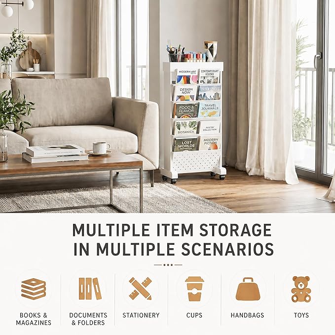 6-Tier Mobile Bookshelf, Rolling Bookcase Book Storage Rack, Movable File Folder Organizer Cart with Wheels for Home Study Office Living Room Classroom, White