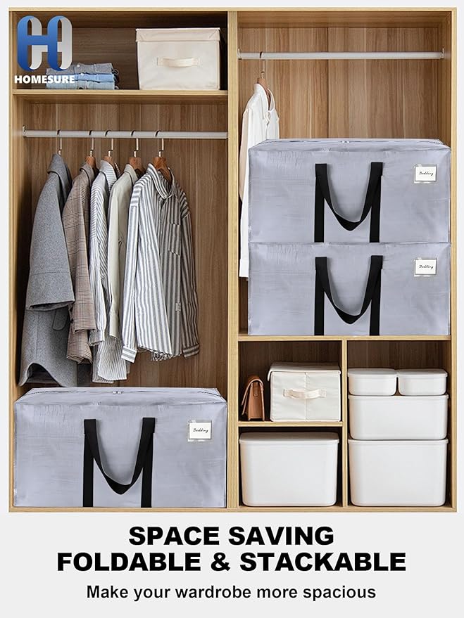 80 Pack Large Strong Moving Bags with Zippers & Carrying Handles - Water-Resistant - Heavy Duty Storage Tote for Space Saving, Fold Flat, Alternative to Moving Box (Silver)