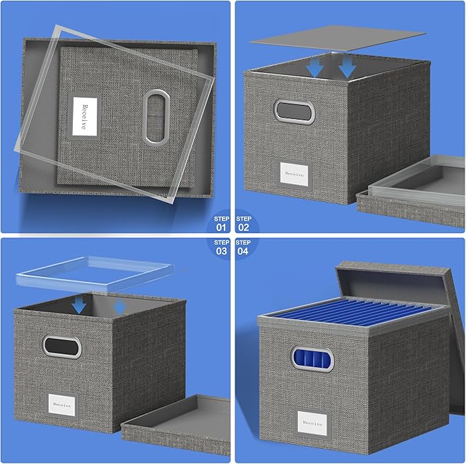 File Organizer Box - File Boxes for Hanging Files with Lid Set of 4 Decorative Hanging Folders Organizer with One-Piece Plastic Frame Slides (Grey, 13.2 * 10.1 * 10.1in(4Pack))