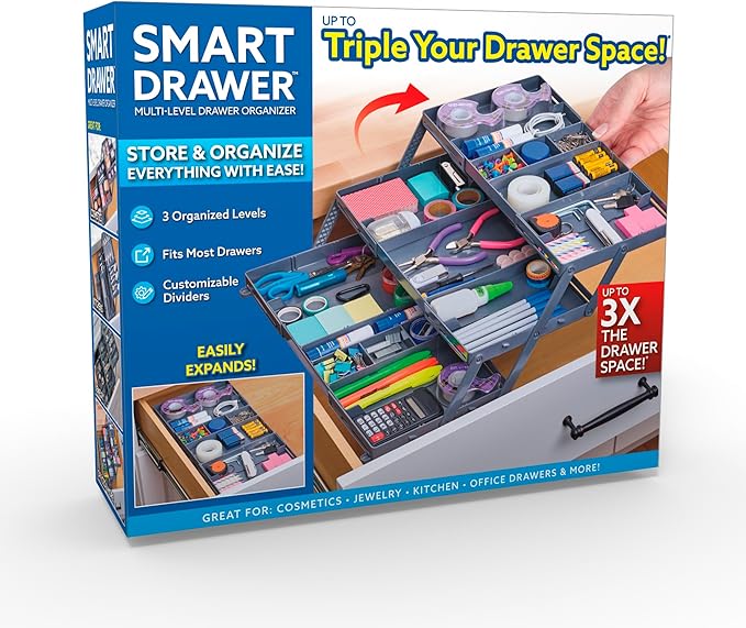 Ontel Smart Drawer Organizer - Multi-level Jewelry Holder, Cosmetics Organizer, or Office Drawer Organizer with Adjustable Dividers for Organization and Storage, Fits Drawers 9.5"W x 7.5"L x 2.75"D