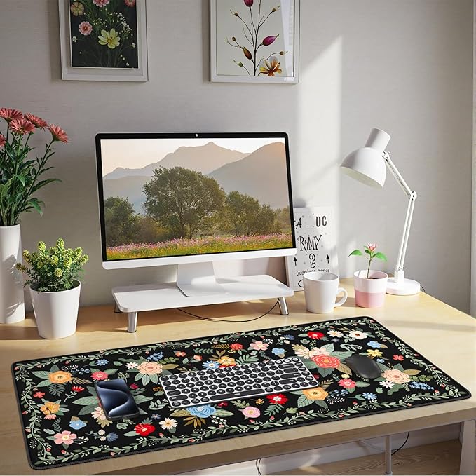 HAOCOO Black Desk Pad, Large Mouse Pad for Gaming & Office, Non-Slip Keyboard Mat, Waterproof Computer Accessories with Stitched Edges, Desk Pad Protector for Cubicle Organizers