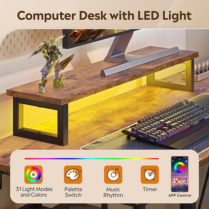 DEVAISE Full-Size 60" L Shaped Gaming Desk with LED Lights and Power Outlets - Reversible Corner Computer Table with Monitor Stand and Storage Shelves for Work and Gaming, Rustic Brown