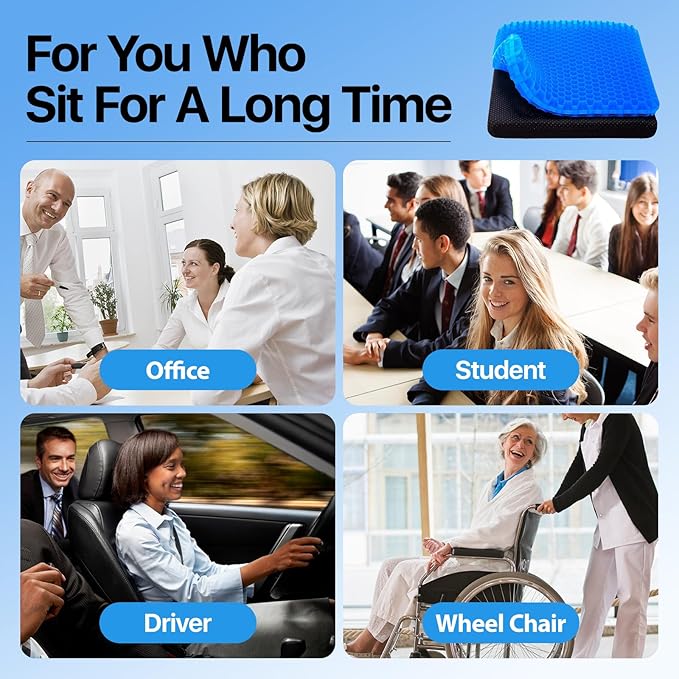 Cooling Gel Seat Cushion with Breathable Honeycomb Design for Pressure Relief on Office, Car, and Wheelchair Seats, Large