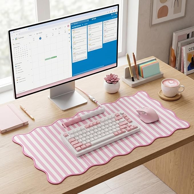 Scalloped Desk Mat Extended Large Cute Striped Mouse Pad Big Desk Pad XXL Aesthetic Stripe Mousepad Gaming Mouse Pad for Keyboard Computer Laptop Home Office Accessories 31.5X15.7Inches Pink White