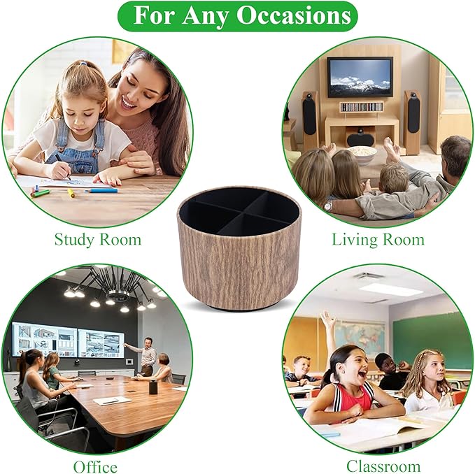 Round Leather Art Supply Organizer,Remote Control Holder,360 Degree Spinning,Multi-Functional Pencil Holder,4 Compartments Desktop Stationary Organizer(1-Thin Wood Brown)