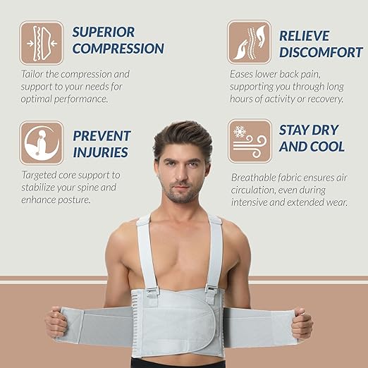 NeoTech Care Back Brace with Suspenders for Work - Industrial Lifting Safety, Elastic Compression, Hook & Loop Closure (Gray, Size XL)