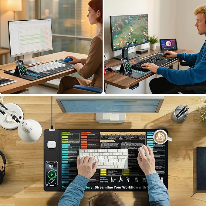 Wireless Charging Mouse Pad with Foldable Phone Holder, 31.5"x15.8" XXL Excel Cheat Sheet Desk Mat for Laptop/Keyboard, Waterproof Ultra-Smooth Surface, Non-Slip Base