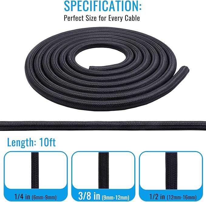 3/8" Braided Cable Sleeve - 10Ft Cat Cord Protector Split Wire Loom Tubing Flexible Self Wrapping for USB, Audio, Automotive Cord, Dog Chew Proof Cable Protector - Black