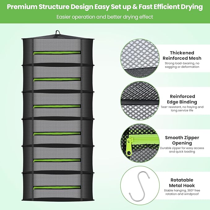 MEKOLIFE Herb Drying Rack with Mesh Design, Hanging Drying Rack with Green Zipper & Garden Pruning Shears – Versatile Plant Drying Solution (6 Layers)
