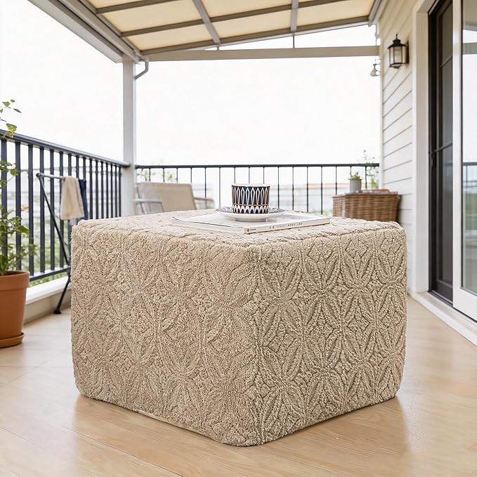 Furry Square Pouf Ottoman – 20"x14" One-Piece Seamless Integral Foam Foot Stool Ottoman Foot Rest Living Room Bedroom Under Desk (Light Coffee)