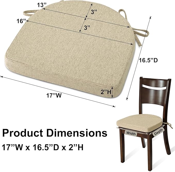 Shinnwa Dining Chair Cushions Set of 2, Non-Slip Kitchen Chair Cushions with Ties and Machine Washable Cover, 2 Pack, 17 x 16.5 x 2in, Natural Linen