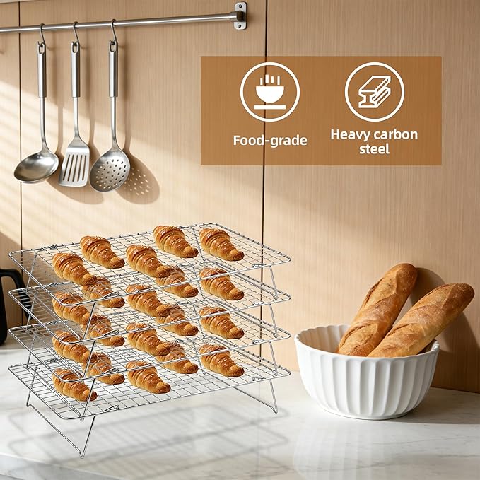 Cooling Rack, 4 Tier Stackable Cooling Racks for Cooking Baking Roasting, Multi-Level Collapsible Cookie Rack for Cakes, Oven Safe & Easy Clean (Silver, 4-Tier)