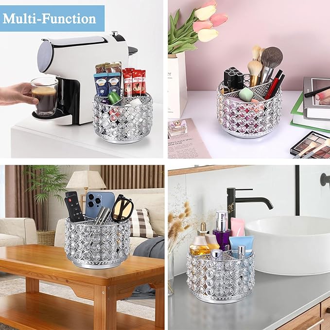 Hipiwe Crystal Vanity Organizer Makeup Brush Holder- 360 Rotating Cosmetic Brushes Display Organizers Spinning Remote Control Holder Bathroom Storage Organizer for Eyebrow Pen Pencil,Silver 4-Slot