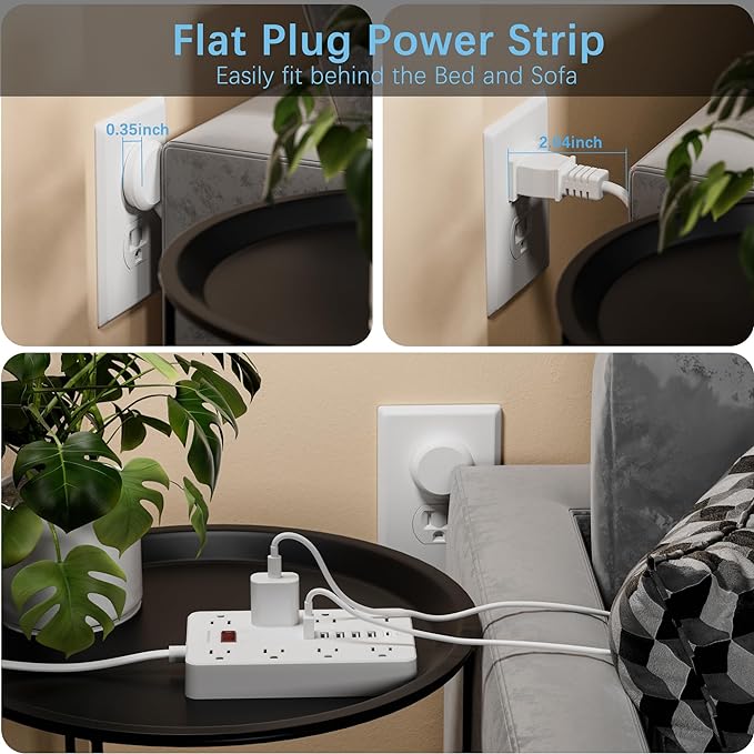 Extension Cord Power Strip 15 Ft, HUNIAN Flat Plug with 8 Widely Spaced Outlets 6 USB (1 USB C Port), Wall Mount Charging Station for Home and Office