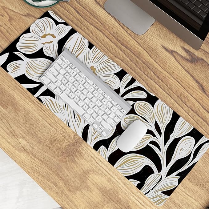 Black Beige Floral Mouse Pad,Vintage Botanical Desk Mat,Medieval Aesthetic Neutral Flower Large Mousepad for Home Office Dorm Desktop Decor,31.5x11.8 Inch