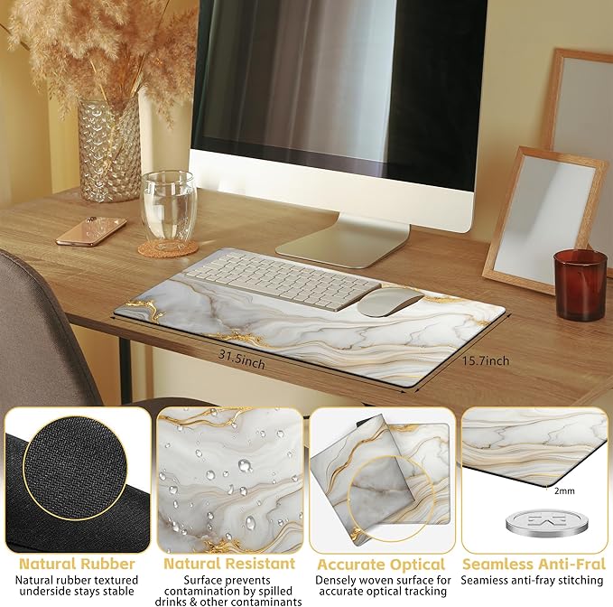 Large Mouse Pad White Gold Marble Texture Gaming Mousepad Desk Pad Mat for Keyboard and Mouse, Large Non-Slip Rubber Base Mousepad Desk Mat with Stitched Edges for Gaming Office, 31.5 x 15.8 in