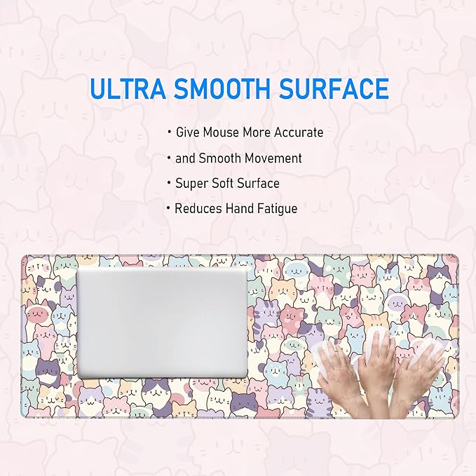 Cute Cat Mouse Pad,Large Cat Gaming Mousepad for Desk Decor,Big Kawaii Cartoon Cream Cat Keyboard Non-Slip Mousemat with Stitched Edges for Home Office Work,31.5 x 12in