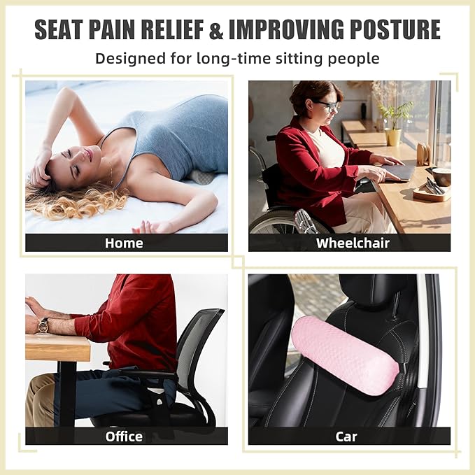 Lumbar Roll Pillow for Lower Back, Lumbar Support Foam Roll Cushion with Pillowcase and Upgraded Strap for Office, Chair, Car, Seat Pain Relief & Improving Posture (Light Pink, Long-15 * 4.3'')