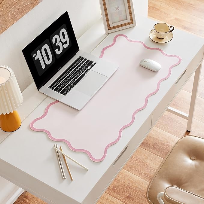 Pink Scalloped Desk Mat, 31.5" x 15.7", PU Leather, Waterproof Anti-Slip, Cute Aesthetic Desk Pad for Office/Home/Game/Vanity Large