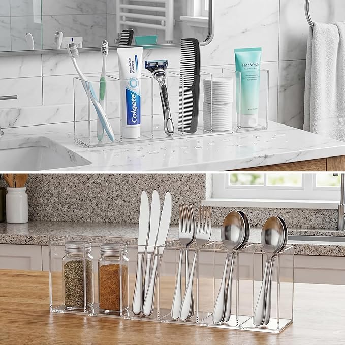 Jetec Acrylic Pen Holder 6 Compartments Makeup Brush Stationery Organizer Pencil Holder for Desk Accessories, Cosmetic Brushes, Dorm, Home, Bathroom, Kitchen, Office Supplies(Clear)