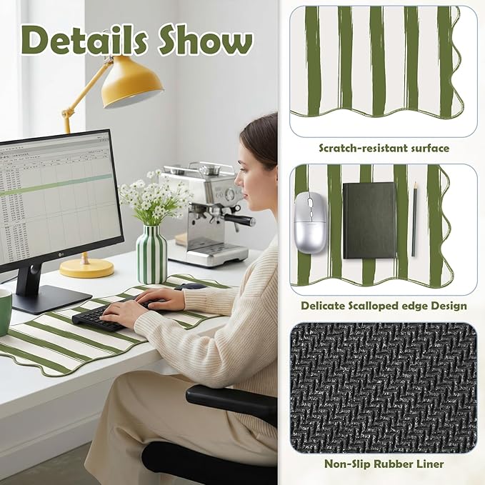 Copkim 1 Pcs Green Scalloped Striped Desk Mat 31.5 x 11.8 Inch Large Cute Mouse Pad Computer Mat Non Slip Waterproof Rubber Base with Border Stitching Soft Keyboard Pad for Home Office Gaming Makeup