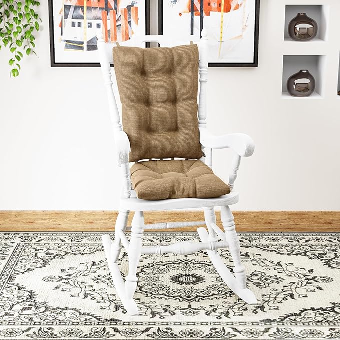 Klear Vu The Gripper Non-Slip Rocking Chair Cushion Set with Thick Padding, Includes Seat Pad & Back Pillow with Ties for Indoor Living Room Rocker, 17x17 Inches, 2 Piece Set, Tan
