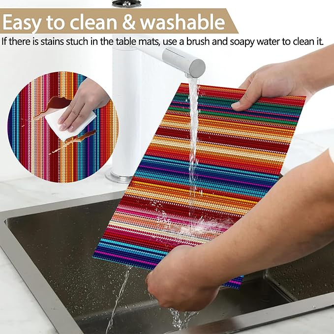 Mexican Ethnic Colorful Stripes Placemats Set of 6 Linen Table Mats, 12x18 Inch Washable Placemats for Dining Table, Non Slip Heat Resistant Mats for Kitchen Home Decor