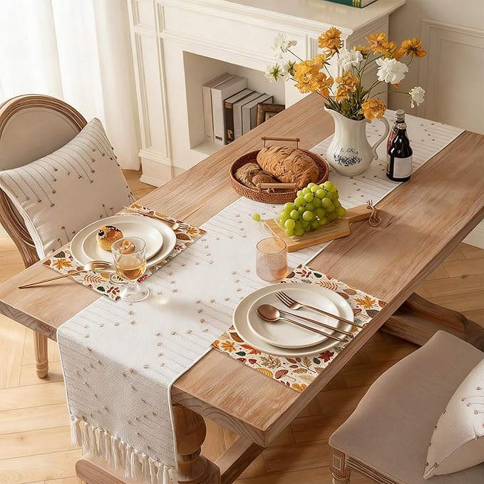 Halloween Autumn Tropical Leaves Linen Placemats Set of 6, Decorative Table Mats 12x18 Inch, Washable Heat Resistant Placemats for Dining Table Kitchen Home Decor