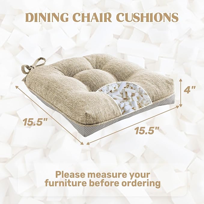 puredown® Chair Cushions for Dining Chairs, Tufted Memory Foam Chair Pads with Non-Slip Backing, Kitchen Seat Cushions with Ties, Washable Seat Pad Set of 4, 15.5" x 15.5" x 4", Khaki