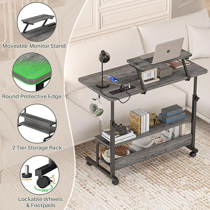 Height Adjustable Standing Desk with Power Outlets and LED Lights - 32" Manual Stand Up Desk with Monitor Stand and Storage Shelves Small Mobile Rolling Computer Desk Portable Laptop Table, Grey Oak