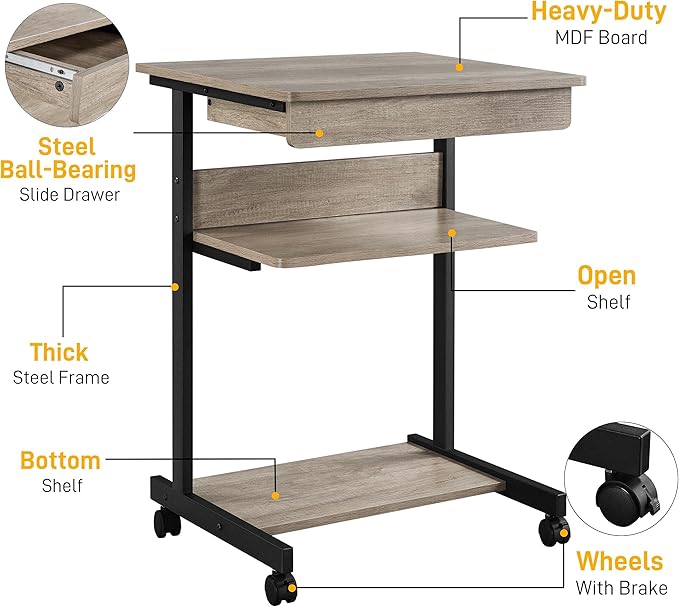 Topeakmart Gray Art Deco Desk, Rolling Computer Desk Cart with Drawer, Small Space Solution for Writing, Laptop, PC, 22 x 20.1 x 31.5 inches
