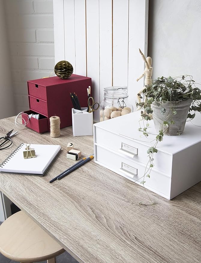 Bigso Box of Sweden Birger 2-Drawer Fiberboard Label Frame Document Letter Box | Desktop Drawers for Loose Papers, Documents & More with Metal Label Holder | 13.1" x 10" x 5.7" | White