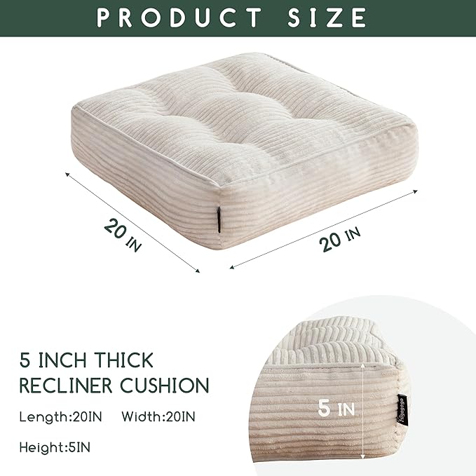 HIGOGOGO Tufted Corduroy Recliner Seat Cushion for Elderly, 20x20x5 Inch Large Square Seat Cushion for Recliner Chair, Floor Pillow, Office Chair, Car, No Pressure on Thighs, Beige
