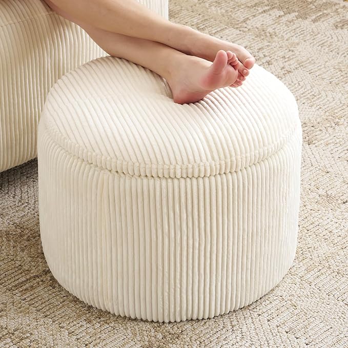 Modern Round Storage Ottoman with Reversible Tray Lid,Chenille Ottoman Foot Stools, Ottoman Footstool with Hidden Storage, Storage Ottoman, Multi-Functional Footrest, Corduroy Beige