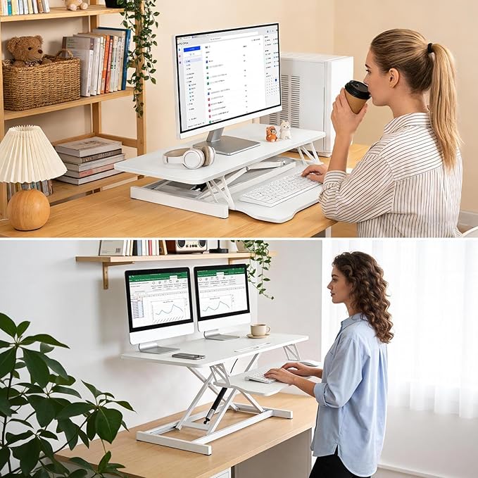 37" Height Adjustable Standing Desk Converter, Two Monitor Stable Stand up Desk Converter, 5.9"-18.8" Height Adjustable Laptop Workstation with Keyboard Tray, Desktop Riser for Home and Company