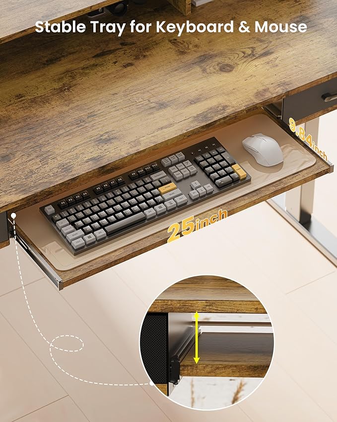 Electric Standing Desk with Keyboard Tray, 63x24 Inches Height Adjustable Stand up Desk with 2 Drawers, Ergonomic Sit to Stand Table with Storage Monitor Stand, Rustic Brown