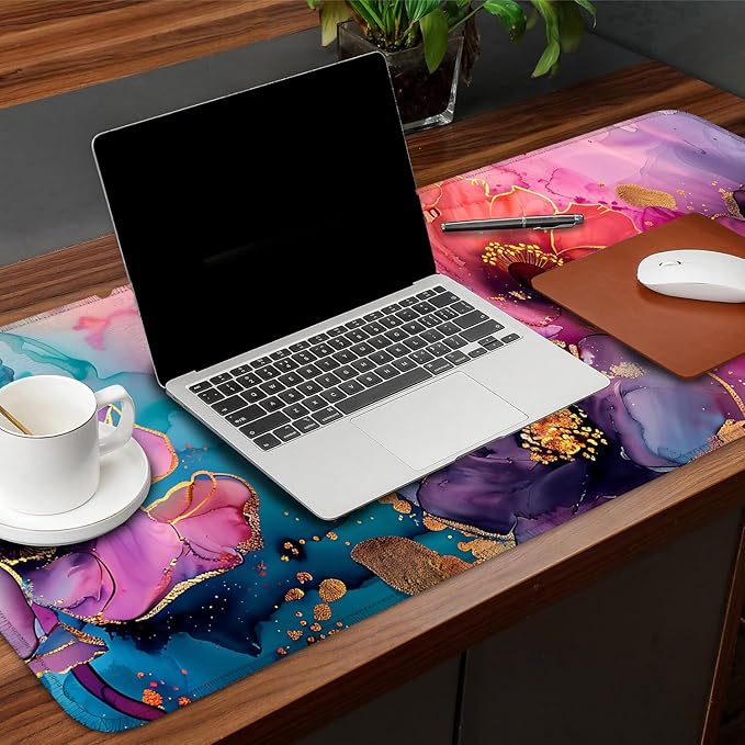 Floral Mouse Pad XXL – Large Desk Mat with Abstract Alcohol Ink Flowers in Pink, Purple & Teal, Extended Mousepad with Non-Slip Base for Office, Workstation, Gifts,31.5 x 11.8 in