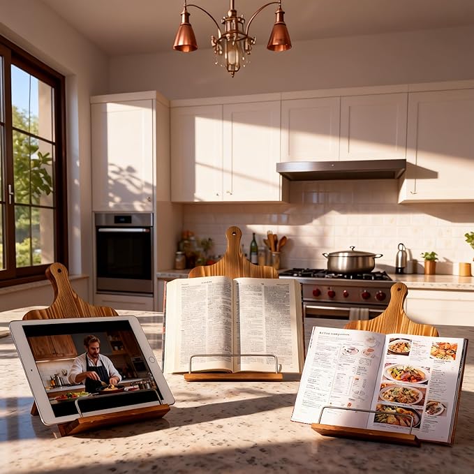 Cookbook Stand for Kitchen Counter Rustic Recipe Book Stand Adjustable iPad Tablet Cookbook Holder for Cooking, Kitchen & Dining Room Brown
