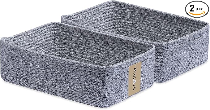 MiniArk Large Shallow Organizing Baskets 15x11x5.1 Inches - Rope Woven Storage Bins for Bathroom, Shelves, Cube Closet, Mixed Grey 2 Packs