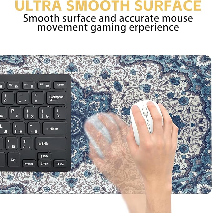 Large Gaming Mouse Pad Blue Boho Rug Texture Desk Mat Mouse Pad Extended XL Mousepad, Large Non-Slip Rubber Base Mousepad with Stitched Edges, Desk Pad for Work Game Office, 31.5 x 15.8 in