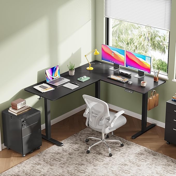 DEVAISE 63 Inch L Shaped Electric Standing Desk, 3 Adjustable Computer Desk for Home Office, Ergonomic Sit to Stand Desk with LED Touchscreen，Headphone Hook, 3 Memory Preset, with Split Top, Maple