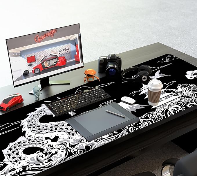 Japanese Dragon Large Gaming Mouse Pad, Black Mouse Pad Gaming 31.5 x 11.8 in, Large Desk Mat, Keyboard Mousepad with Non-Slip Base Stitched Edge for Desk Home Office